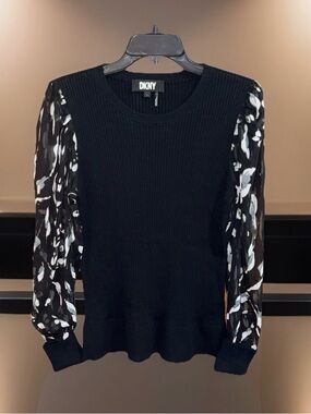 DKNY Black Ribbed Sweater with Sheer Abstract Patterned Sleeves - L - EC